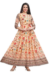 Peach Kalamkari Floral Frock Style Dress with Belt